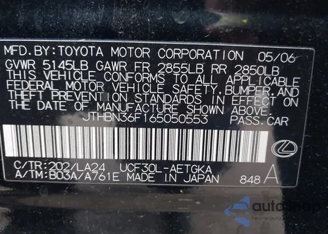 2006 Lexus Ls 430 from USA, damaged, VIN JTHBN36F165050553